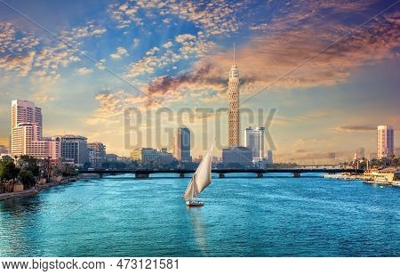 View On Cairo Downtown On Gezira Island In The Nile With The Tower And Hotels, Egypt