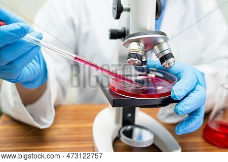 Scientist Holding Erlenmeyer Flask, Conical Flask Glassware With Red Color Liquid Solution In Scienc