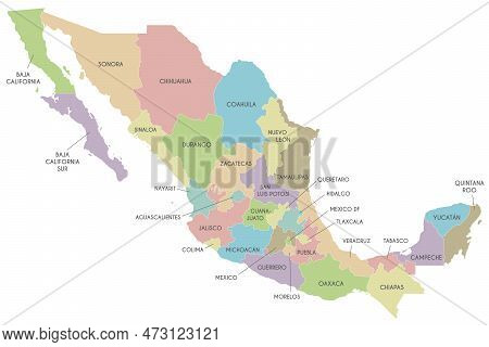 Vector Map Of Mexico With Regions Or Or States And Administrative Divisions. Editable And Clearly La