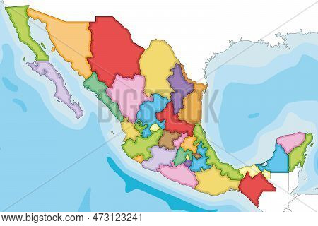 Vector Illustrated Blank Map Of Mexico With Regions Or States And Administrative Divisions, And Neig