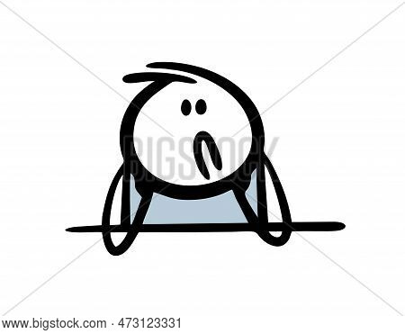 Cartoon Sad Sleepy Stickman Boy Is Sitting In Depression With His Head Propped On His Hands And Long