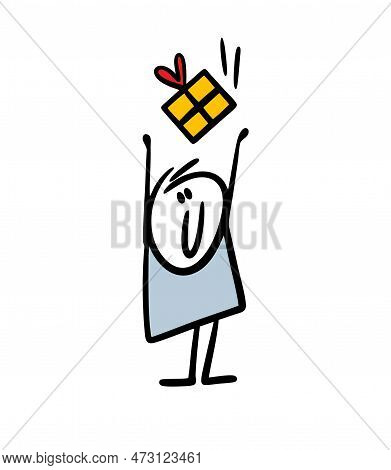 Stickman Raised Hands Up And Catches A Birthday Gift Falling From The Sky.