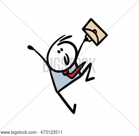 Doodle Cartoon Businessman In Office Style Suit Jumping Wild And Dancing With Briefcase In Rising Up