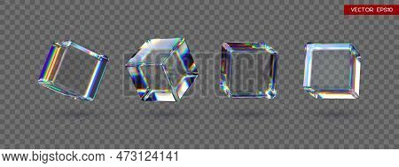 Set Of 3d Transparent Glossy Cubes With Dispersion Effect. Rainbow Colors Reflection Glass. Vector I