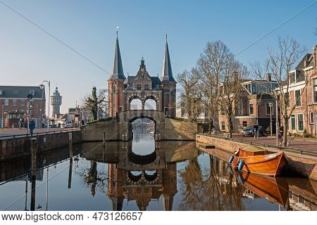 City Scenic From The Historical City Sneek With The Water Gate In The Netherlands