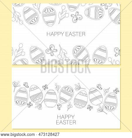 Easter Eggs Composition Hand Drawn Black On White Background. Decorative Banner From Easter Eggs Wit
