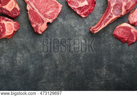 Raw Prime Steaks. Variety Of Fresh Black Angus Prime Meat Steaks T-bone, New York, Ribeye, Striploin
