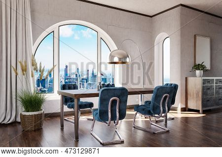 Luxurious Loft Apartment With Arched Window And Panoramic View Over Downtown; Noble Dining Room Inte