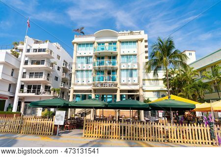 Miami, Usa - April 18, 2021: The Fritz Art Deco Hotel Building Modernist Architecture In Ocean Drive
