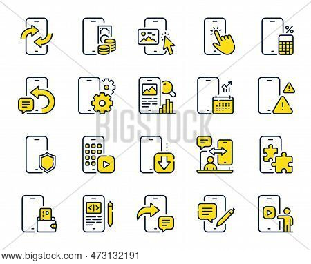 Mobile Apps Line Icons. Smartphone Device, Phone Report And Download App Set. Finger Touch, Mobile P