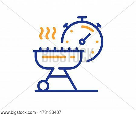 Grill Time Line Icon. Barbecue Cooker For Cooking Food Sign. Hot Meat Brazier Symbol. Colorful Thin 