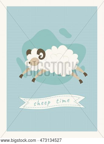 Funny Fluffy Sheep Fly Across The Sky. Counting Sheep At Night For A Good Night's Sleep. Cute And Co