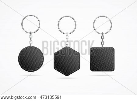 Realistic Detailed 3d Leather Keychain Set. Vector Illustration Of Metallic Steel Holder Trinket For