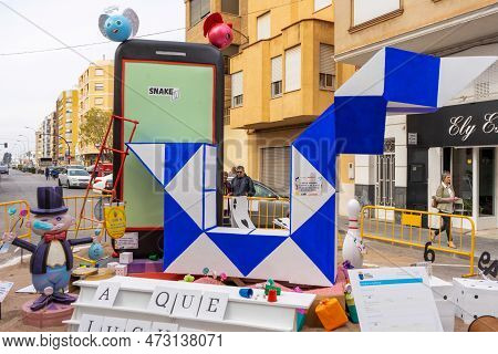 Burriana, Spain 18-03-2023: View Of The Sculpted Monument For Its Exhibition And Its Burning In The 