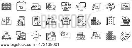Warehouse Manager, Wholesale Stock, Goods Checklist. Inventory Line Icons. Delivery Logistic, Box Sh