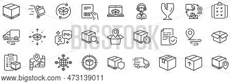 Set Of Truck Delivery, Box And Checklist Icons. Logistics, Shipping Document Line Icons. Parcel Trac