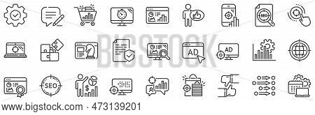 Set Of Increase Sales, Business Ad Strategy And Website Optimization Icons. Seo Line Icons. Puzzle, 