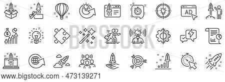 Launch Project, Business Report, Target Icons. Startup Line Icons. Strategy, Development Plan, Start