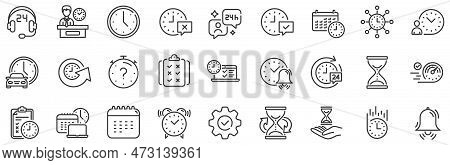 Set Of Calendar, Time Management Timer And Delivery Service Linear Icons. Time Line Icons. Checklist