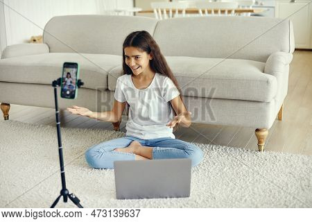 Cute Preteen 12s Girl Blogger Record Video For Vlog, Make Call, Lead Stream With Friends Use Modern 