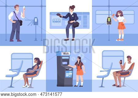 Flat Composition Set With Ticket Inspector And Public Transport Passengers Travelling And Paying Far