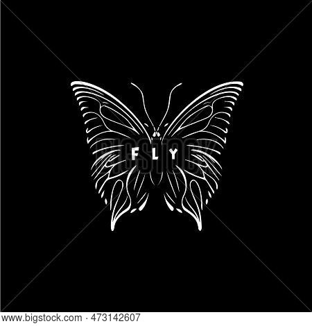Butterfly Dotwork Tattoo With Dots Shading, Tippling Tattoo. Hand Drawing Fly Insect Emblem On Black