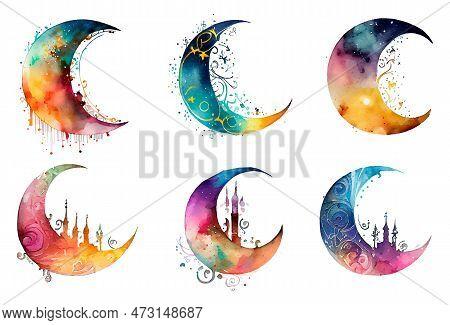 Set Watercolor Vector Illustration Of Muslim Crescent Ramadan Concept