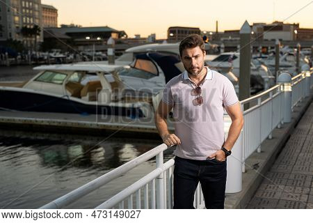 Casual Handsome Attractive Model In Urban City. Well-dressed Man Wearing Fashionable Eyeglasses And 