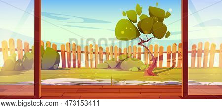 Cartoon Backyard View From Open Glass Door On Wooden Patio. Vector Illustration Of House Porch, Home