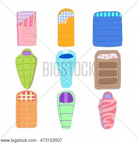 Sleeping Bag Set Cartoon. Equipment Fabric, Hiking Adventure, Blanket Bedding, Camping Comfortable, 