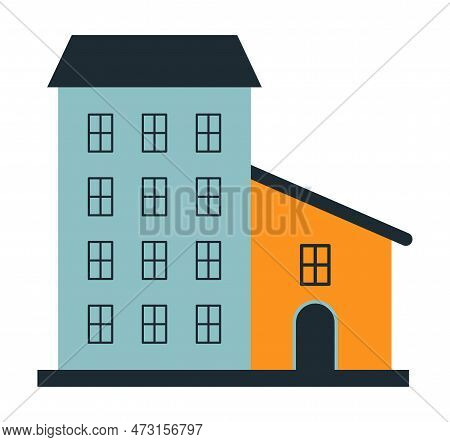 Vector Small House Adjoining A Residential Building Eps 10. Vector A Blue House With 9 Windows And A