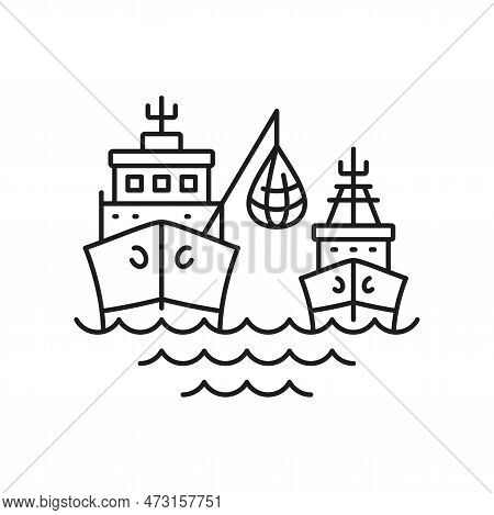 Shipping Seafood Industry Boat Isolated Line Icon. Vector Fishing Boat Or Vessel With Fish In Net. S
