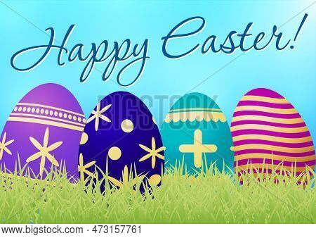 Vector Drawing. Easter Eggs Lie On The Grass. Blue Background. The Inscription 