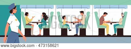 Railway Station Flat Concept With Passengers In Train Interior Vector Illustration
