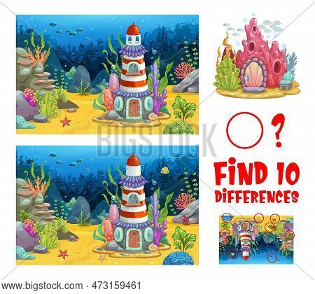 Find Ten Differences On Underwater Sunken Lighthouse. Kids Vector Game Worksheet With Cartoon Beacon
