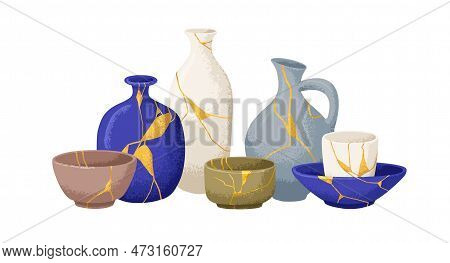 Japan Kintsugi Ceramics Art. Reborn Repaired Asian Pottery With Gold Line Marble Patterns. Vintage J
