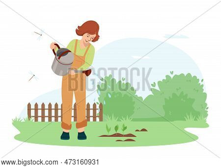 Cheefull Young Girl In Rubber Boots Watering Planting In Spring Kids Working In Garden Helping Adult