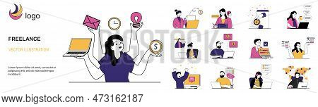 Freelance Concept With Character Situations Collection. Bundle Of Scenes People Working Online, Gett