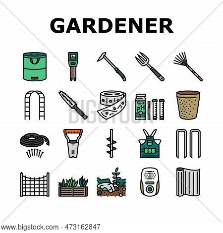 Garden Tool Shovel Rake Icons Set Vector. Agriculture Equipment, Plant Tool, Farm Nature, Pot Wheelb