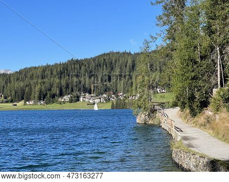 Sports And Recreational Trail Along The Alpine Lake Davos Or Loop Around Mountain Lake Davosersee, D