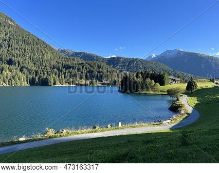 Sports And Recreational Trail Along The Alpine Lake Davos Or Loop Around Mountain Lake Davosersee, D