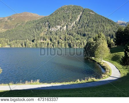 Sports And Recreational Trail Along The Alpine Lake Davos Or Loop Around Mountain Lake Davosersee, D