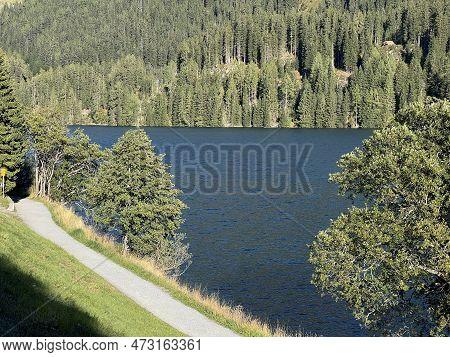 Sports And Recreational Trail Along The Alpine Lake Davos Or Loop Around Mountain Lake Davosersee, D