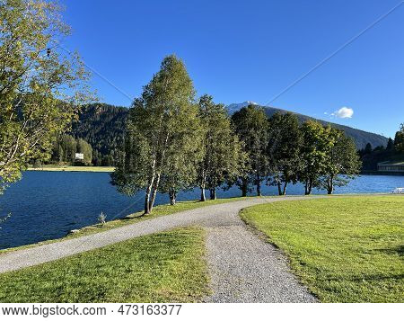 Sports And Recreational Trail Along The Alpine Lake Davos Or Loop Around Mountain Lake Davosersee, D
