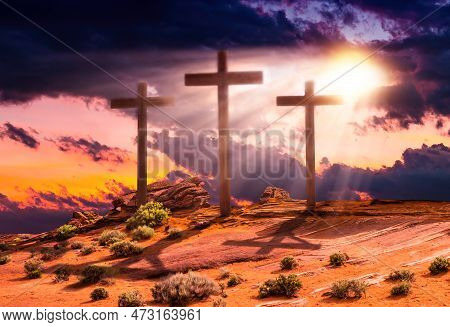 Crucifixion Scene With Three Cross On Hill. Concept Easter Jesus Ascends To Heaven Scene