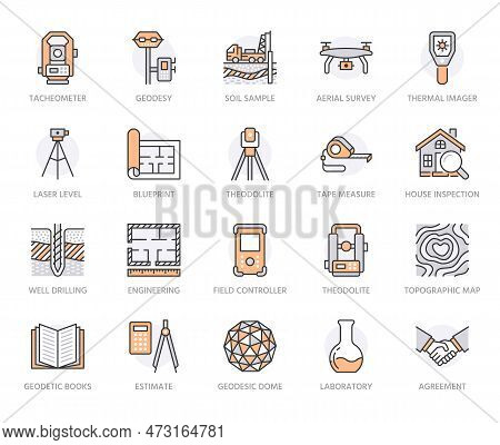Geodesy Flat Line Icons. Geodetic Survey Engineering Equipment, Tacheometer, Theodolite, Tripod. Geo