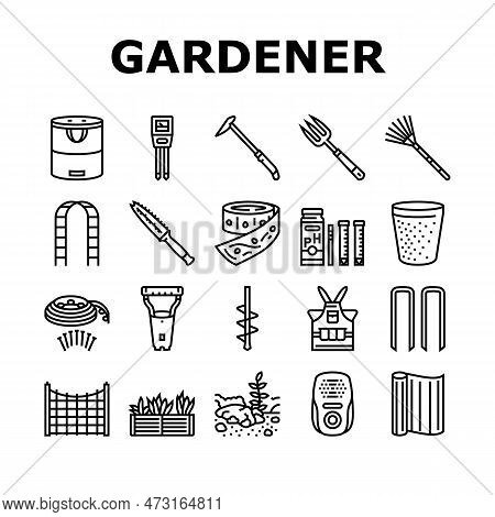 Garden Tool Shovel Rake Icons Set Vector. Agriculture Equipment, Plant Tool, Farm Nature, Pot Wheelb