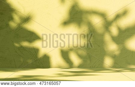 Loft Product Summer Studio Room Background,yellow Shadow Leaves On Podium Pland Cement Concrete Back