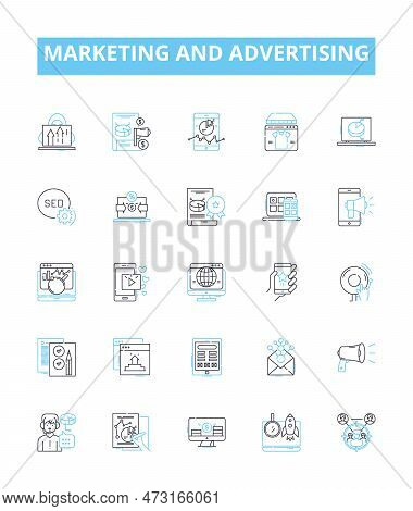 Marketing And Advertising Vector Line Icons Set. Marketing, Advertising, Promoting, Branding, Public
