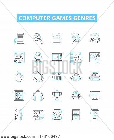 Computer Games Genres Vector Line Icons Set. Simulation, Shooter, Adventure, Puzzle, Strategy, Platf